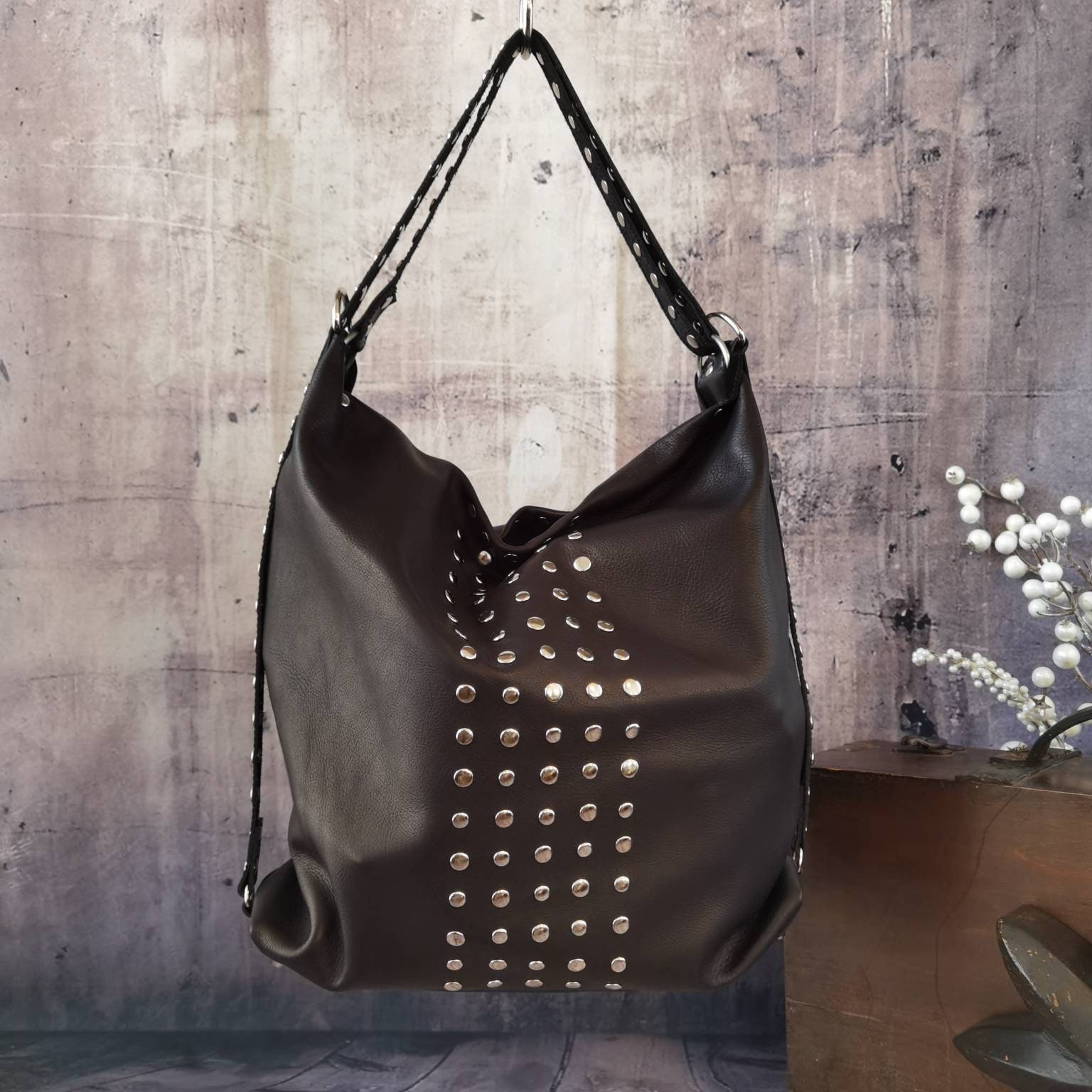Convertible Studded Leather Backpack Purse, Handmade Tote 