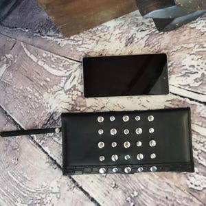 Studded Black Croc Embossed Leather Wallet | Artisan Wristlet Clutch, Handmade Barcelona image 14