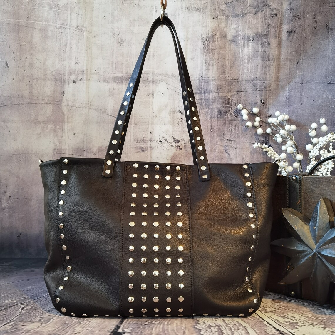 XL Black Studded Leather Tote Bag Zippered Tote Bag for Etsy Canada