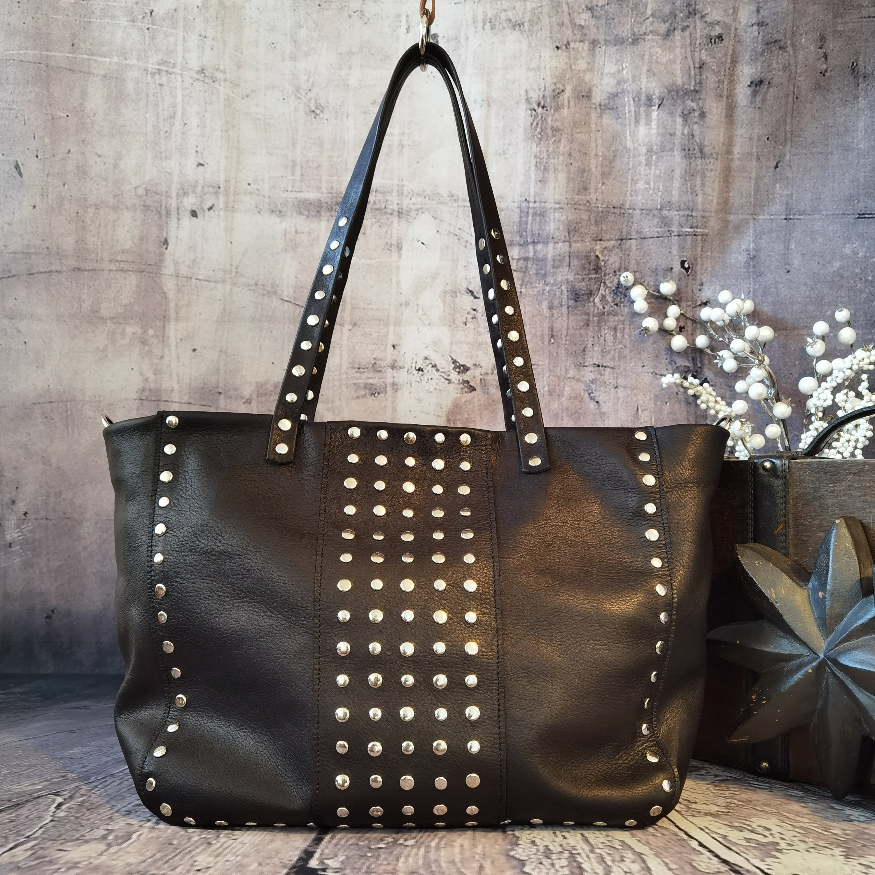 XL Black Studded Leather Tote Bag Zippered Tote Bag for Etsy UK