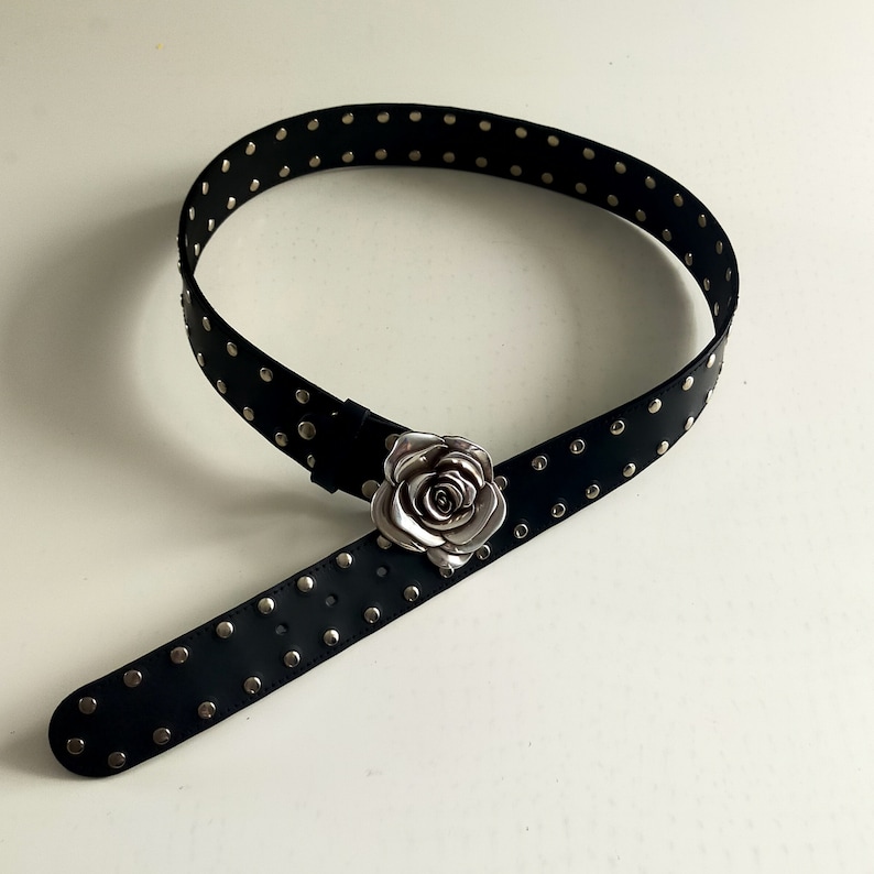 Handmade Leather Belt, Silver Rose Buckle, Studded or Smooth, Rock Chic Accessory image 4