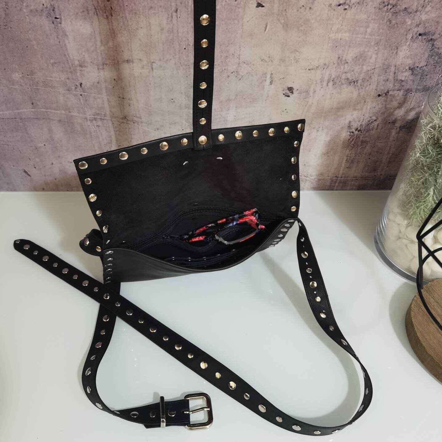 Black Leather Fanny Pack With Belt, Studded Belt Bag, Small