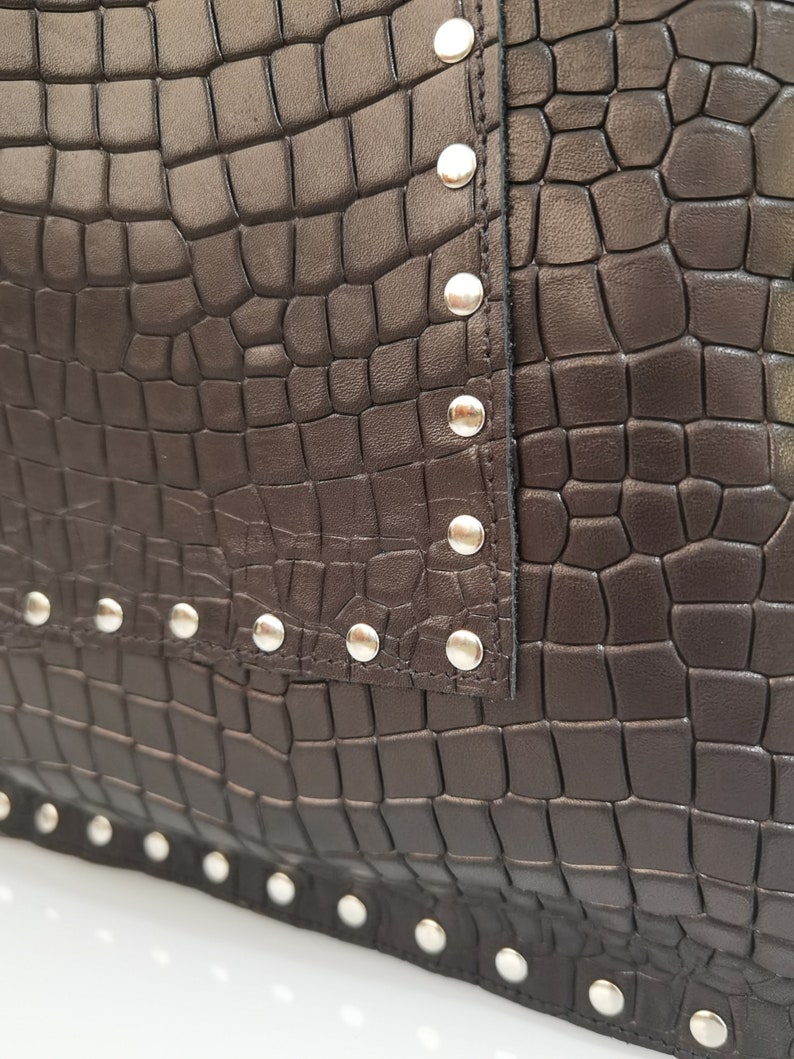 Leather shopper bag with studs, Animal print leather tote, Black gothic chic crossbody bag, Studded shoulder bag, Rock Gift for biker women image 5