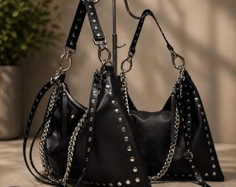 Handmade Black Leather Studded Bag, Artisan Crossbody, Rock Chic