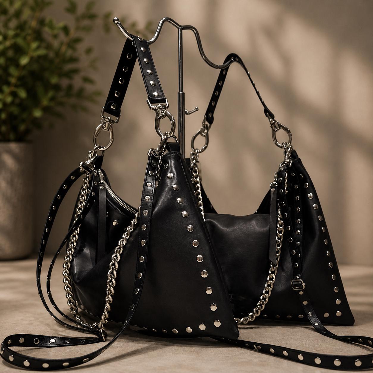 Handmade Black Leather Studded Bag, Artisan Crossbody, Rock Chic