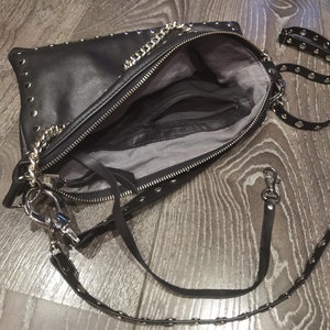 Black leather bag with zipper, Studded leather bag, Black shoulder bag, Rocker style women, Slouch leather bag, Leather crossbody bag chains image 6