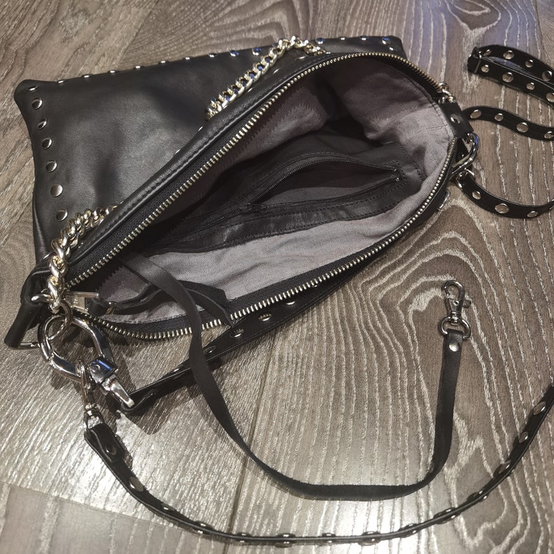 Black leather bag with zipper, Studded leather bag, Black shoulder bag, Rocker style women, Slouch leather bag, Leather crossbody bag chains image 6