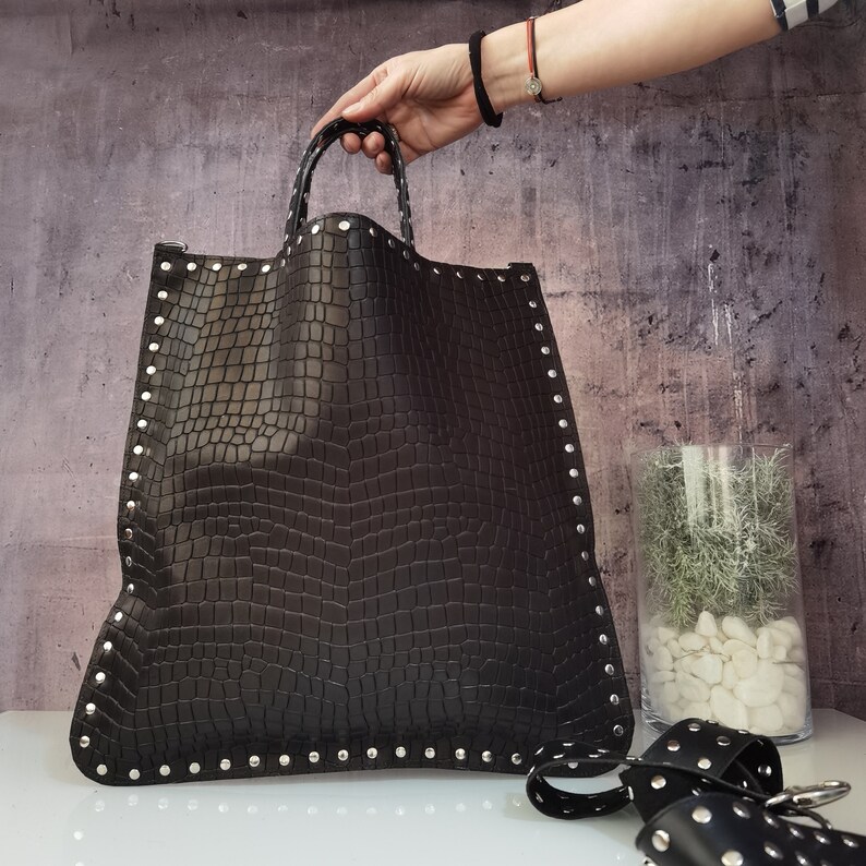 Leather shopper bag with studs, Animal print leather tote, Black gothic chic crossbody bag, Studded shoulder bag, Rock Gift for biker women image 9