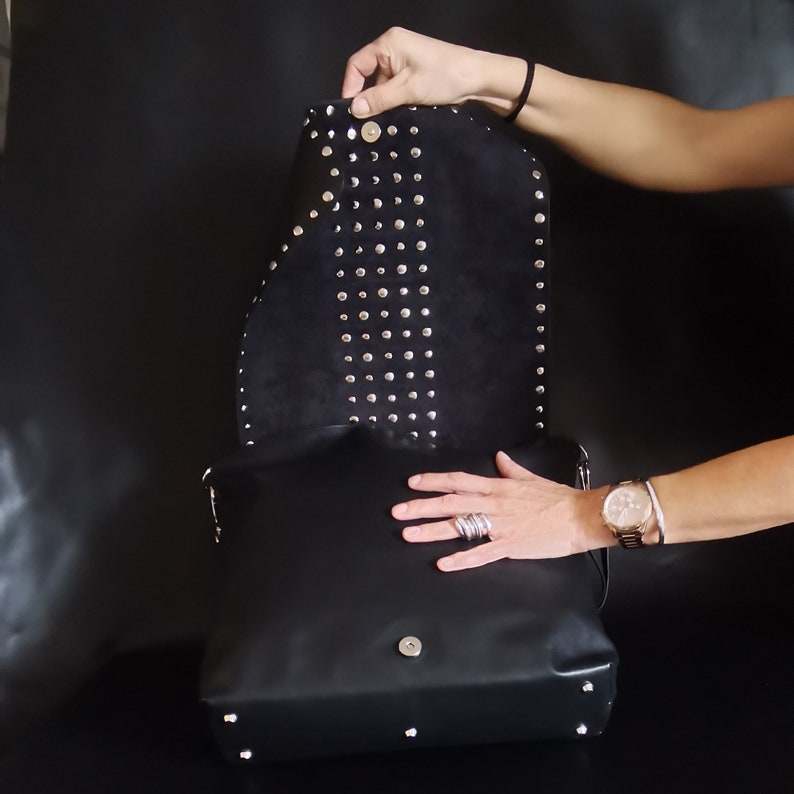 Large messenger bag leather, Black bag with studded flap, Oversized crossbody bag, Crossover bag with adjustable strap, Gift for best friend image 9