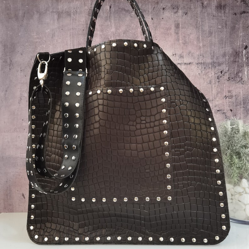 Leather shopper bag with studs, Animal print leather tote, Black gothic chic crossbody bag, Studded shoulder bag, Rock Gift for biker women image 3