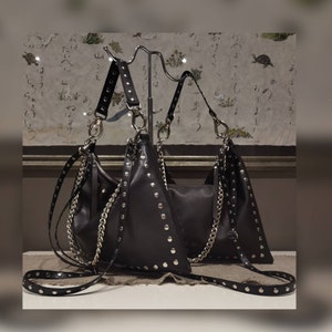 Black leather bag with zipper, Studded leather bag, Black shoulder bag, Rocker style women, Slouch leather bag, Leather crossbody bag chains image 5