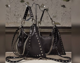 Black leather bag with studs and chain, Clutch with strap, crossbody bag with red lining, Rocker bags, Shoulder bag with zipper, Black gifts