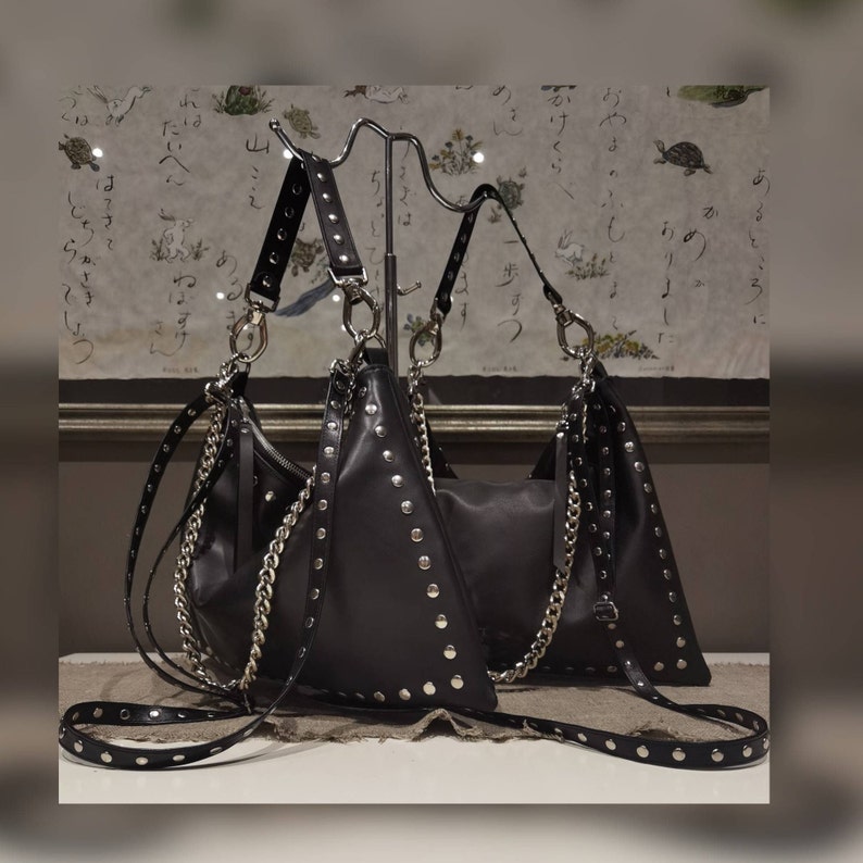 Black leather bag with zipper, Studded leather bag, Black shoulder bag, Rocker style women, Slouch leather bag, Leather crossbody bag chains image 5