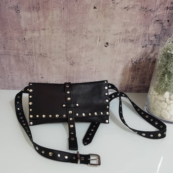 Black Leather Fanny Pack With Belt, Studded Belt Bag, Small