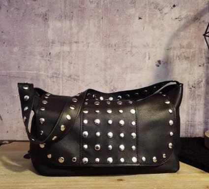 Studded Black Small Leather Bag, Shoulder Holster Bag, Dark
