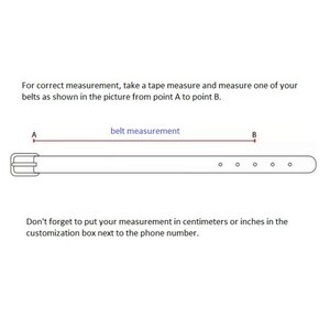 May include: A black and white line drawing of a belt with a buckle on the left and five holes on the right. A red line labeled belt measurement connects point A at the buckle to point B on the strap. Text provides instructions for measuring.