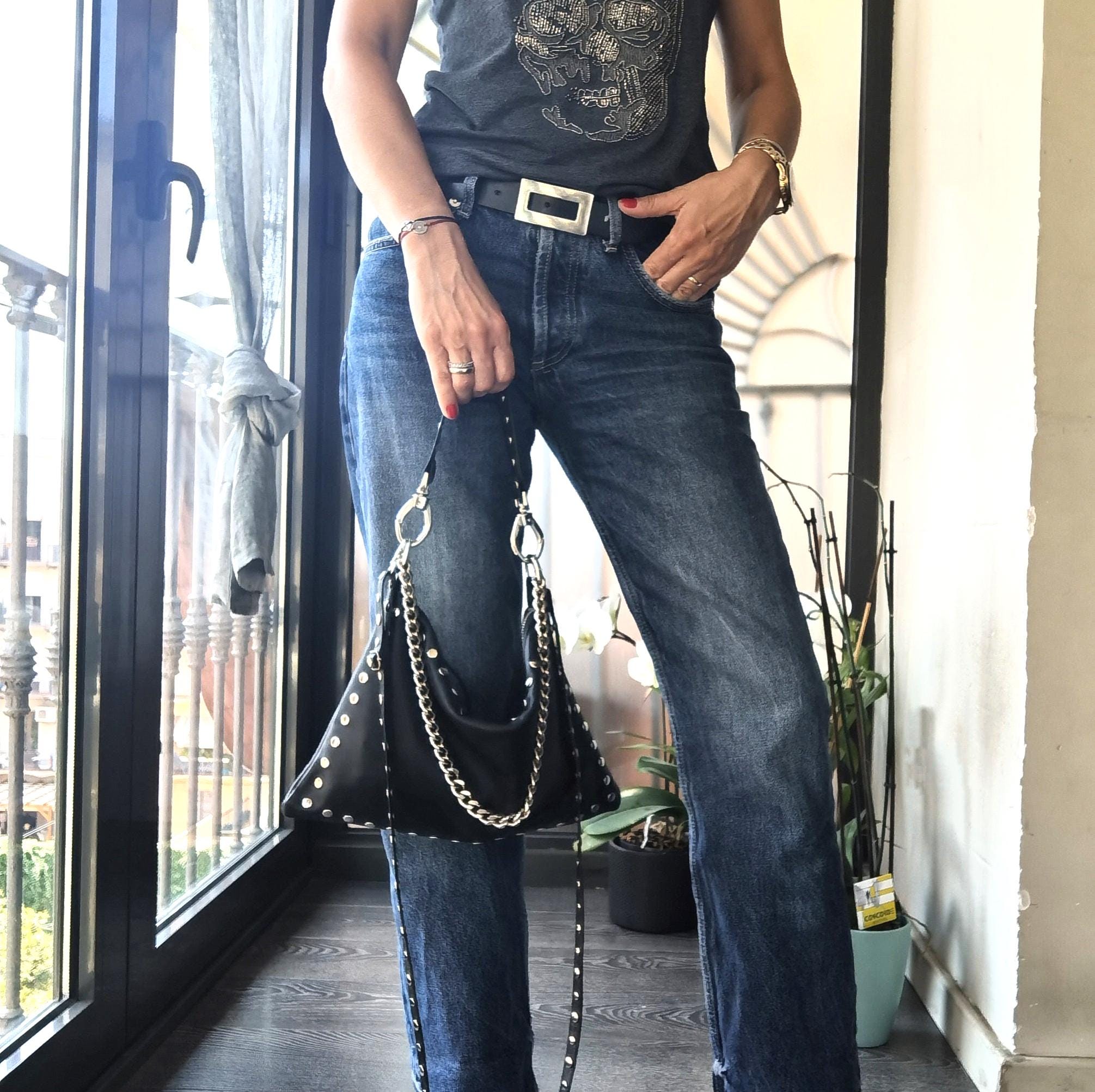 Black Leather Rocker Bag With Chains and Studs, Shoulder Bag