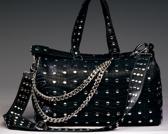 Leather duffel bag with chains and studs, Handbag with zipper, Large bag studs, Handmade crossbody bag, Designer messenger bag Exclusive bag