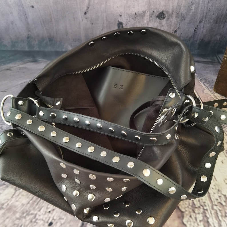 Convertible backpack purse leather, Black tote studded convertible bag, Shoulder women leather bag, Gothic backpack purse, Tote zippered bag image 5