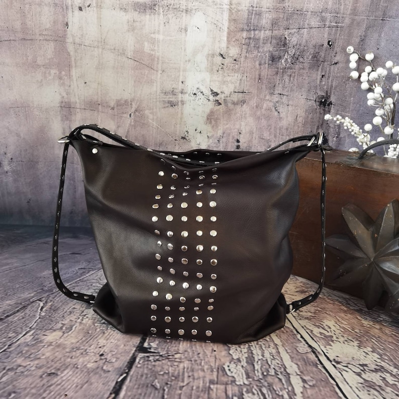 Convertible backpack purse leather, Black tote studded convertible bag, Shoulder women leather bag, Gothic backpack purse, Tote zippered bag image 2