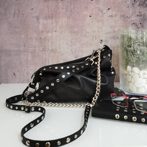 Black leather bag with zipper, Studded leather bag, Black shoulder bag, Rocker style women, Slouch leather bag, Leather crossbody bag chains image 8