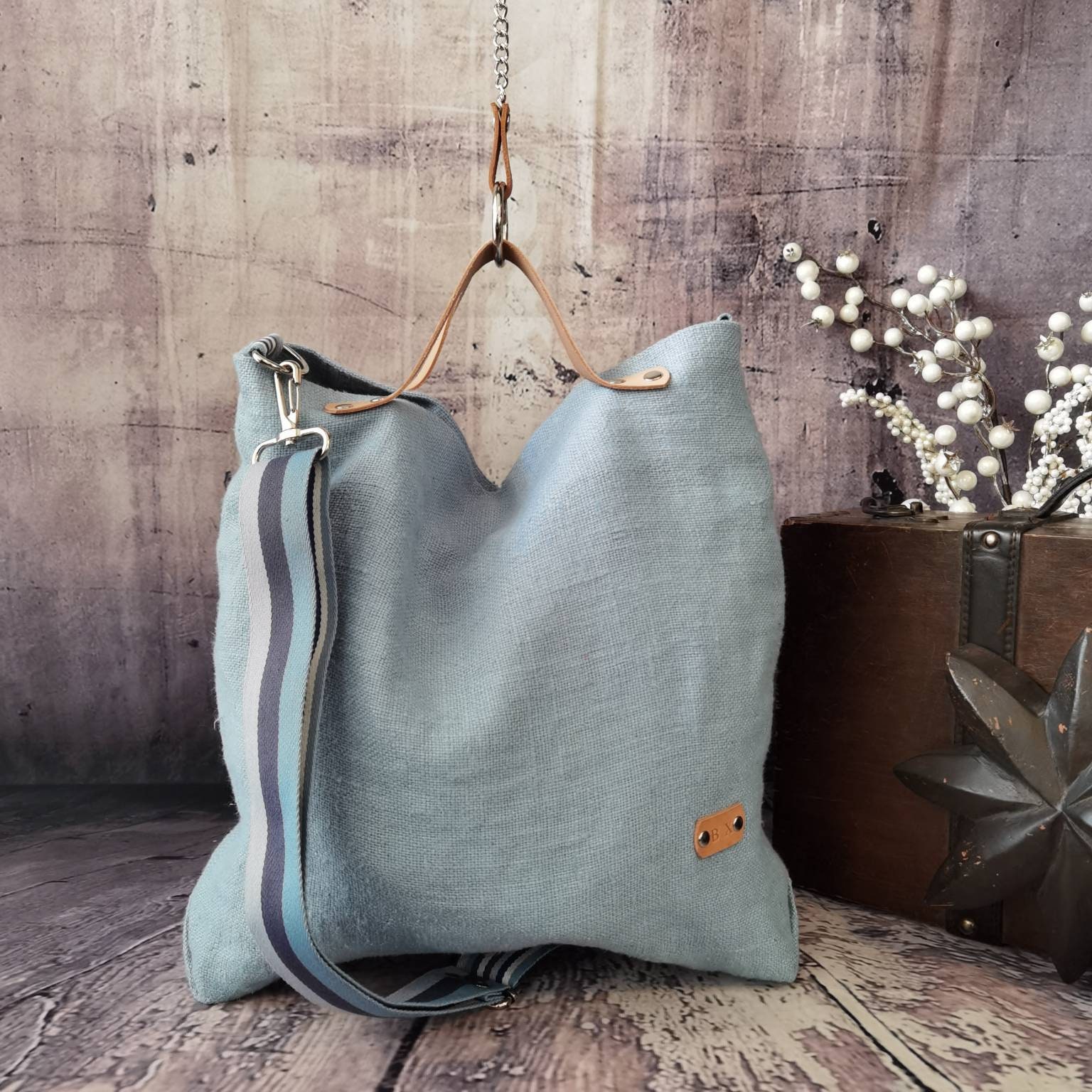 Sky Blue Linen Bag With Leather Handles Shoulder Bag With - Etsy