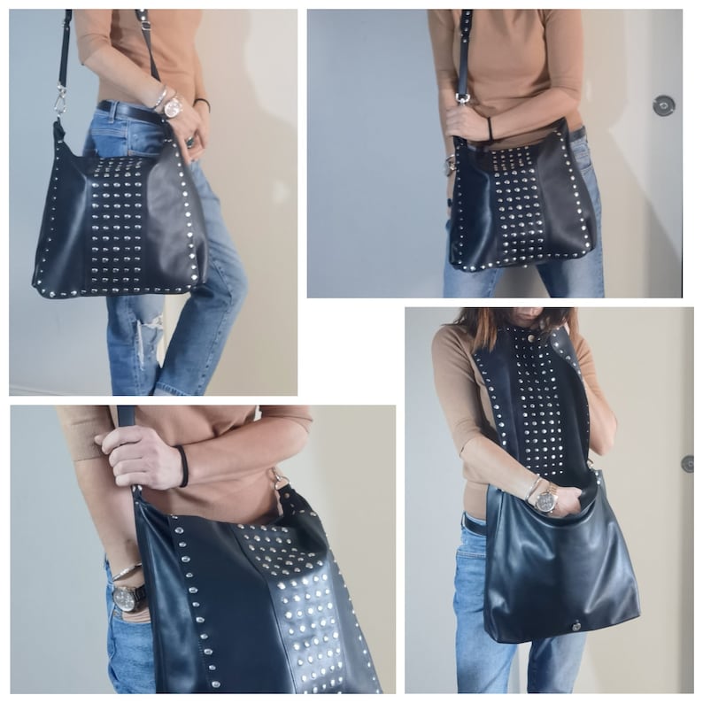 Large messenger bag leather, Black bag with studded flap, Oversized crossbody bag, Crossover bag with adjustable strap, Gift for best friend image 10