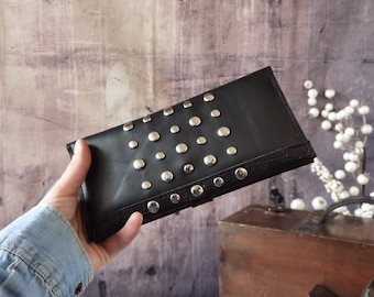 Studded Black Croc Embossed Leather Wallet | Artisan Wristlet Clutch, Handmade Barcelona