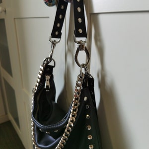 Black leather bag with zipper, Studded leather bag, Black shoulder bag, Rocker style women, Slouch leather bag, Leather crossbody bag chains image 2