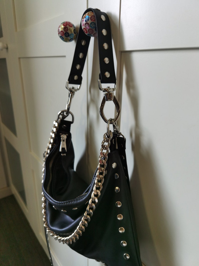 Black leather bag with zipper, Studded leather bag, Black shoulder bag, Rocker style women, Slouch leather bag, Leather crossbody bag chains image 2