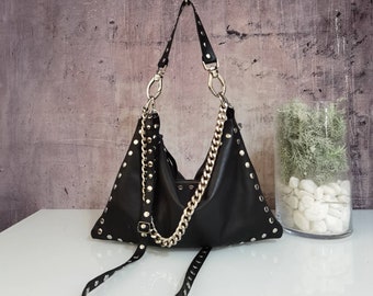 Black leather bag with zipper, Studded leather bag, Black shoulder bag, Rocker style women, Slouch leather bag, Leather crossbody bag chains