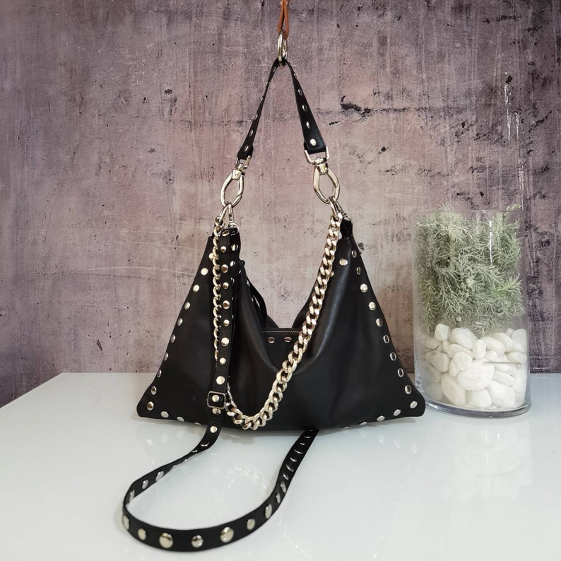 Black leather bag with zipper, Studded leather bag, Black shoulder bag, Rocker style women, Slouch leather bag, Leather crossbody bag chains image 1
