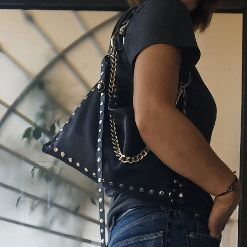 Black leather bag with zipper, Studded leather bag, Black shoulder bag, Rocker style women, Slouch leather bag, Leather crossbody bag chains image 4