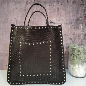Leather shopper bag with studs, Animal print leather tote, Black gothic chic crossbody bag, Studded shoulder bag, Rock Gift for biker women image 8