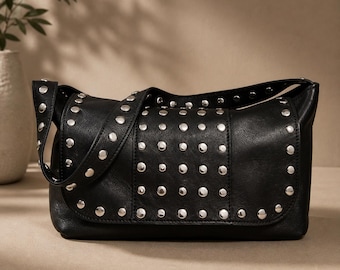 Studded Black Leather Crossbody Bag, Rock Chic Shoulder Bag, Barcelona Made