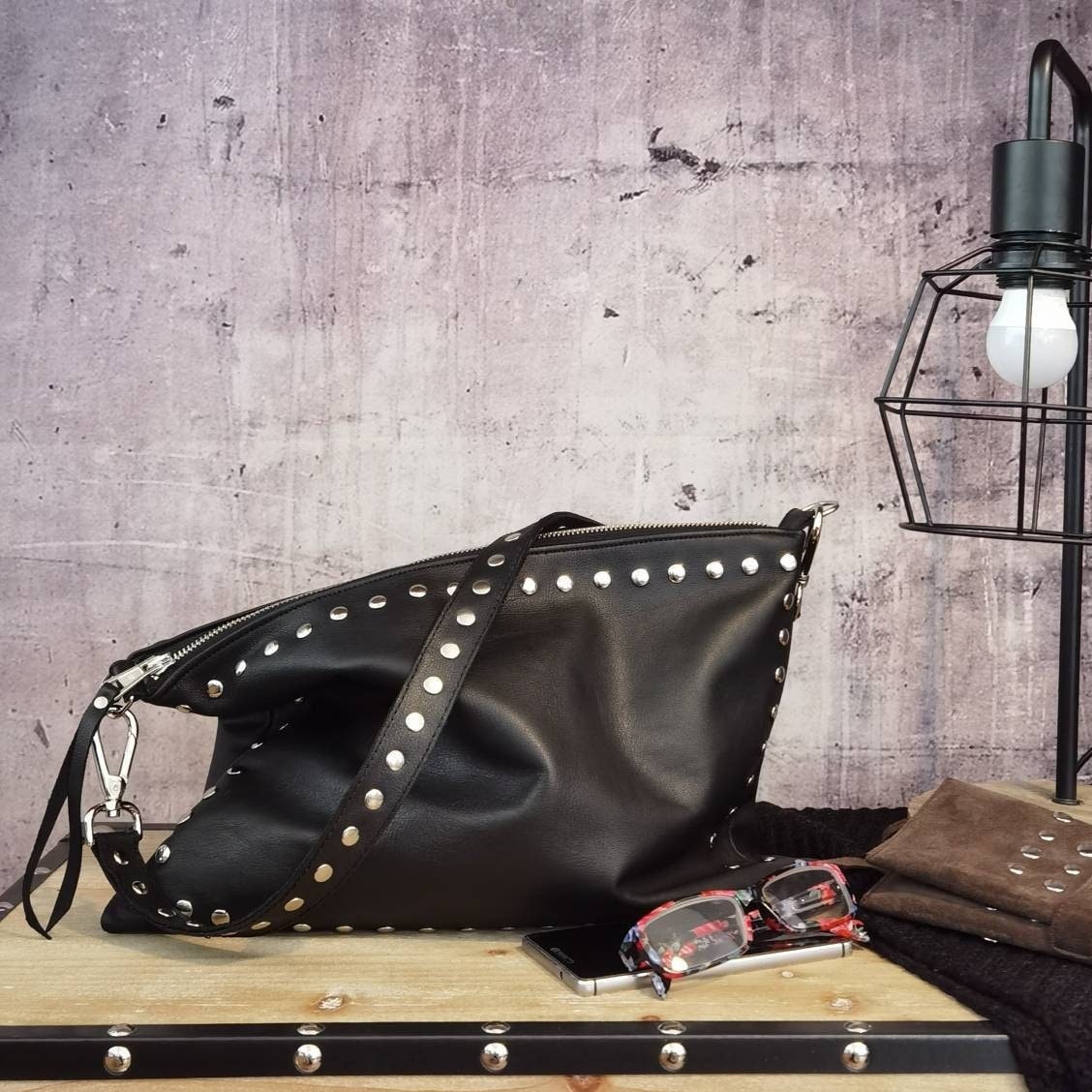 Black Leather Shoulder Bag With Studs and Zipper, Black