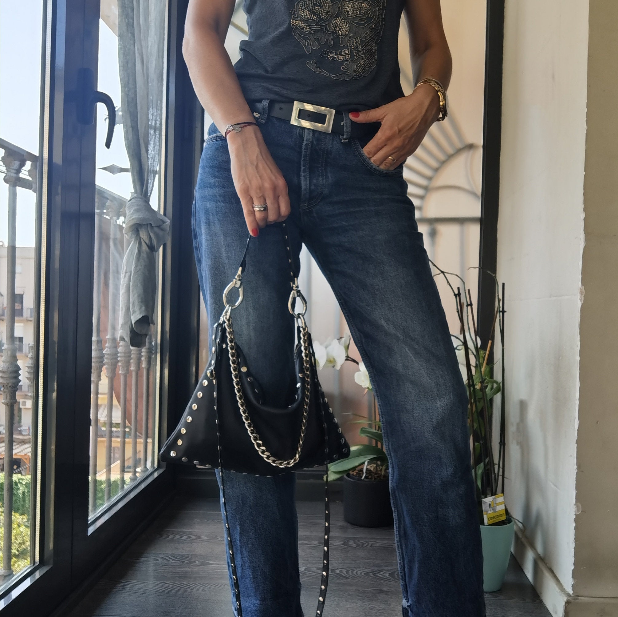 Black Leather Bag With Studs and Chain, Clutch With Strap Black Leather Bag With Studs and Chain, Clutch With Strap