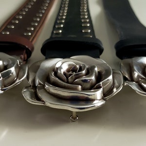 Handmade Leather Belt, Silver Rose Buckle, Studded or Smooth, Rock Chic Accessory image 12