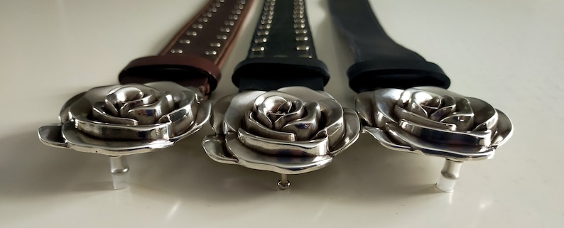 Handmade Leather Belt, Silver Rose Buckle, Studded or Smooth, Rock Chic Accessory image 12