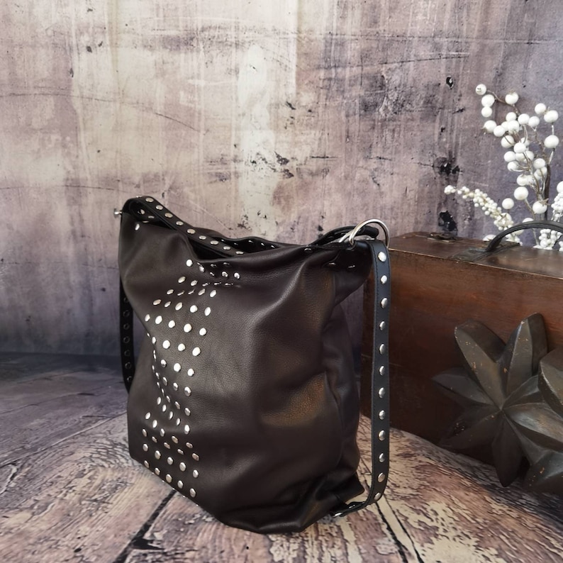 Convertible backpack purse leather, Black tote studded convertible bag, Shoulder women leather bag, Gothic backpack purse, Tote zippered bag image 1