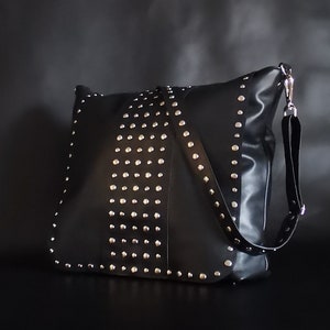 Large messenger bag leather, Black bag with studded flap, Oversized crossbody bag, Crossover bag with adjustable strap, Gift for best friend image 8