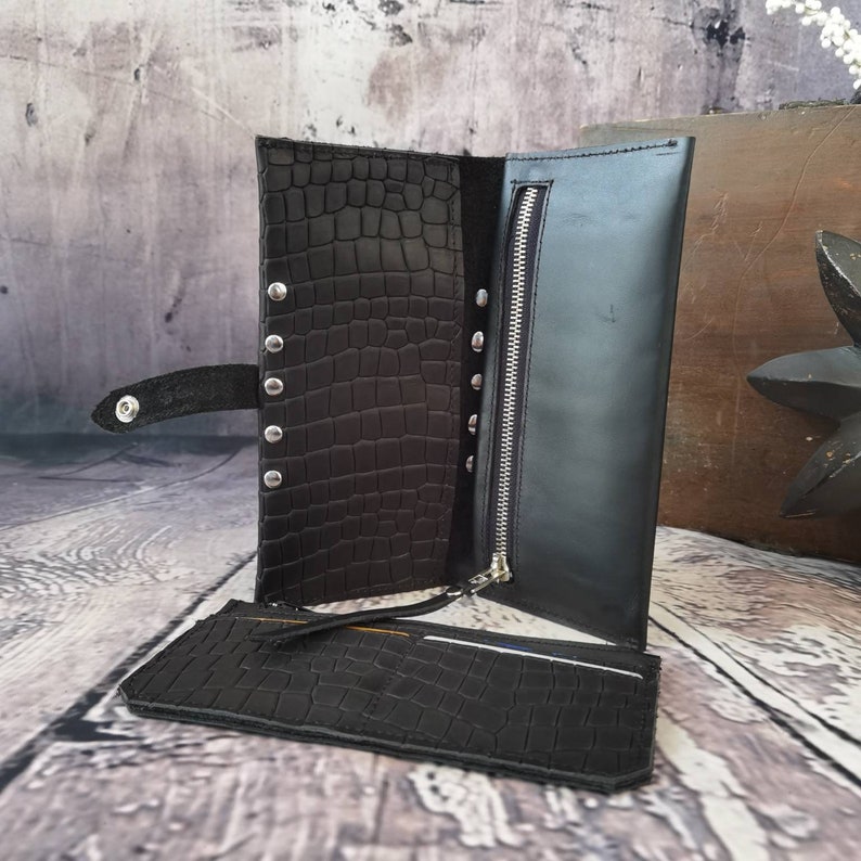 Studded Black Croc Embossed Leather Wallet | Artisan Wristlet Clutch, Handmade Barcelona image 11