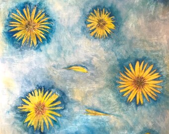 yellow art, yellow flower wall art, yellow flowers, mixed media art, bright wall art, textile art, boho wall art, floral wall art, fall art