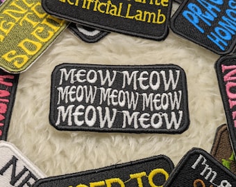 Meow Iron On Patch, Embroidered Cat Lover Applique (90mm)
