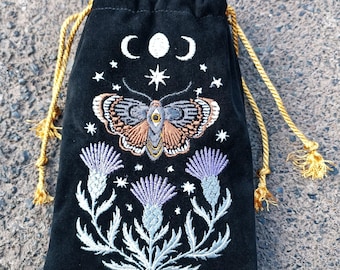 Embroidered Velvet Tarot Card Bag - Death's Head Moth Design
