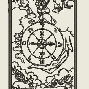 May include: Embroidered tarot card featuring the Wheel of Fortune. The design includes a central wheel with spokes, surrounded by figures and symbols. The card has a black border and the words "WHEEL of FORTUNE" at the bottom.