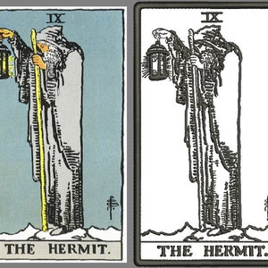 May include: The Hermit tarot card features a black and white illustration of a cloaked figure holding a lantern and a staff. The card number IX is in the top right corner and the words "THE HERMIT" are at the bottom of the card.