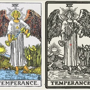 May include: The Temperance tarot card features an angel with wings, pouring water from two cups. The angel is standing in a body of water with a sun and flowers in the background. The card number XIV is at the top of the card, and the word TEMPERANCE is at the bottom.