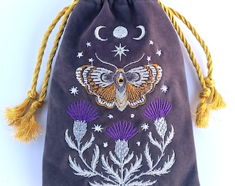 Tarot bag graphite velvet. Tarot Bag Thistle Butterfly Death's Head Moth Embroidery Bag Velvet