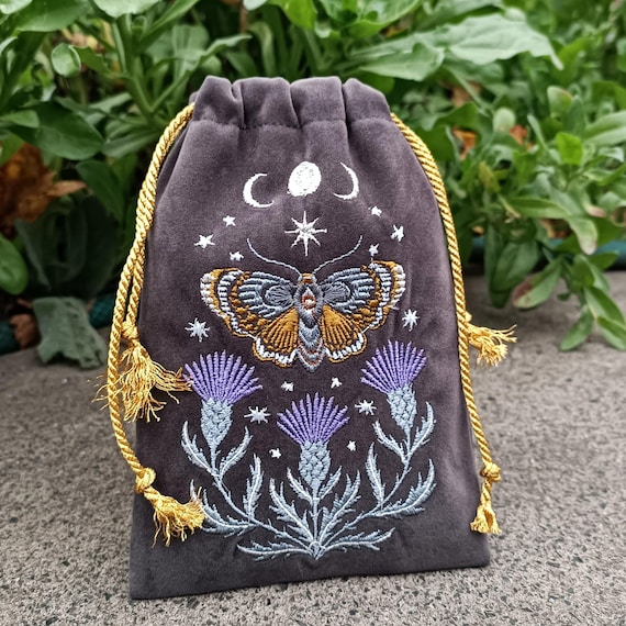 IN STOCK!!! Tarot bag graphite velvet. Tarot Bag Thistle Butterfly Death's Head Moth Embroidery Bag Velvet